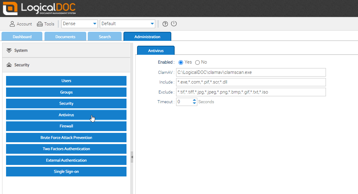 LogicalDOC Antivirus configuration Antivirus tool settings in LogicalDOC