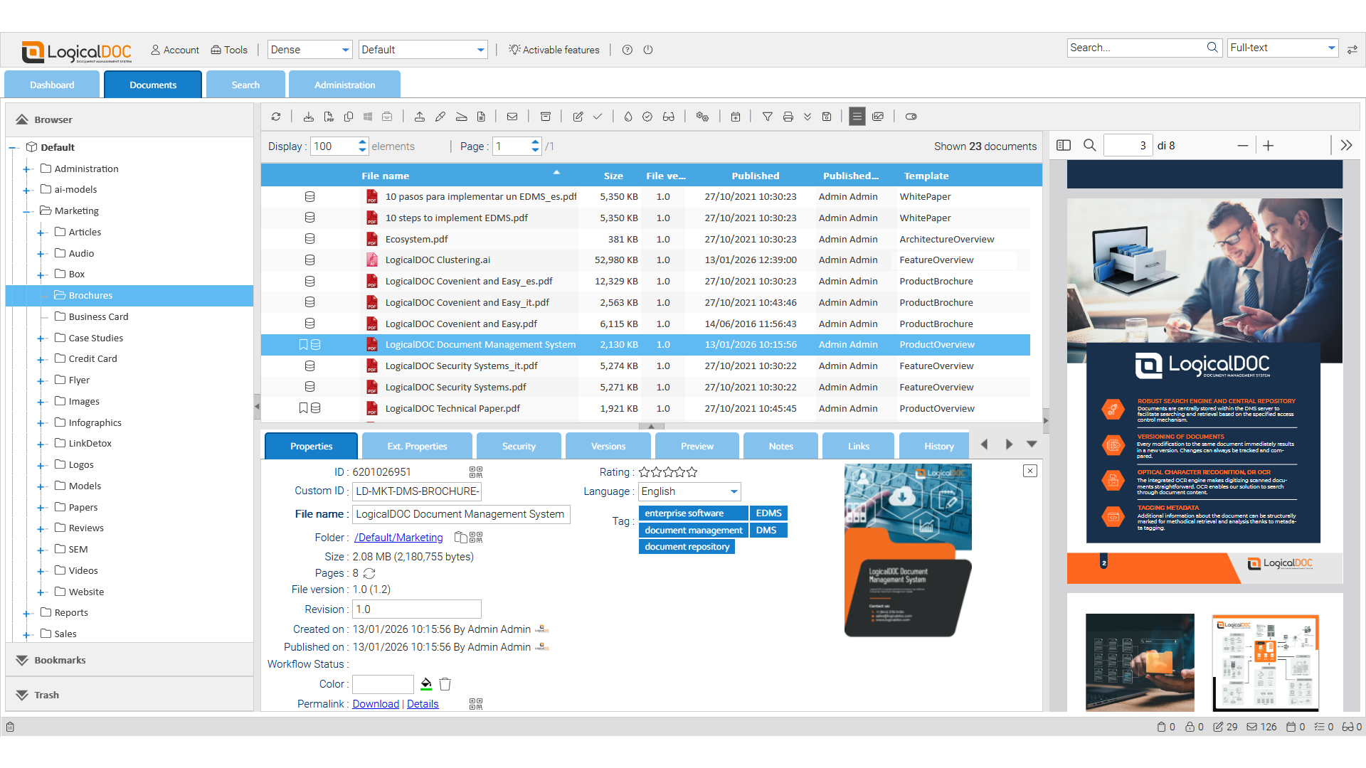 LogicalDOC Digital Archive Folder Preview Digital document archive in LogicalDOC displaying organized folders, metadata, and a brochure preview replacing traditional paper archives