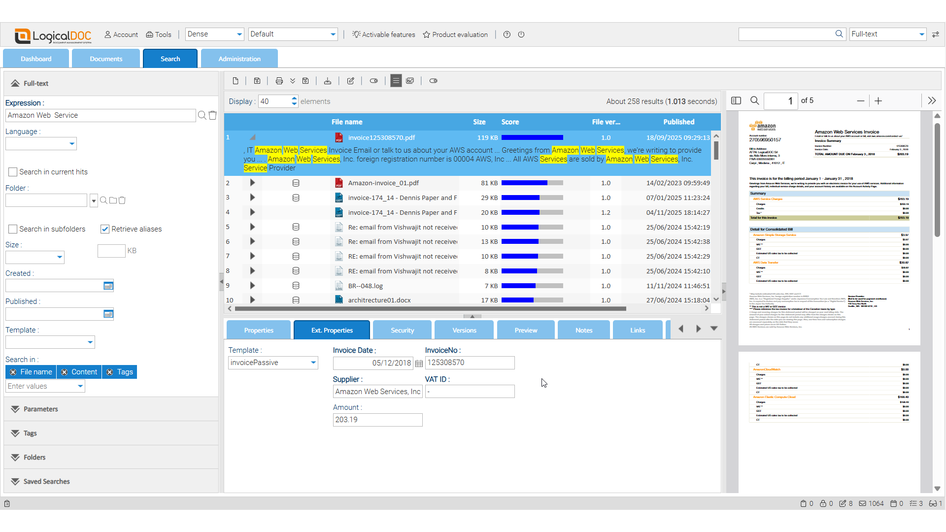 LogicalDOC Search Interface with Highlighted Results Search interface in LogicalDOC showing highlighted keyword matches inside documents, demonstrating fast full‑text retrieval