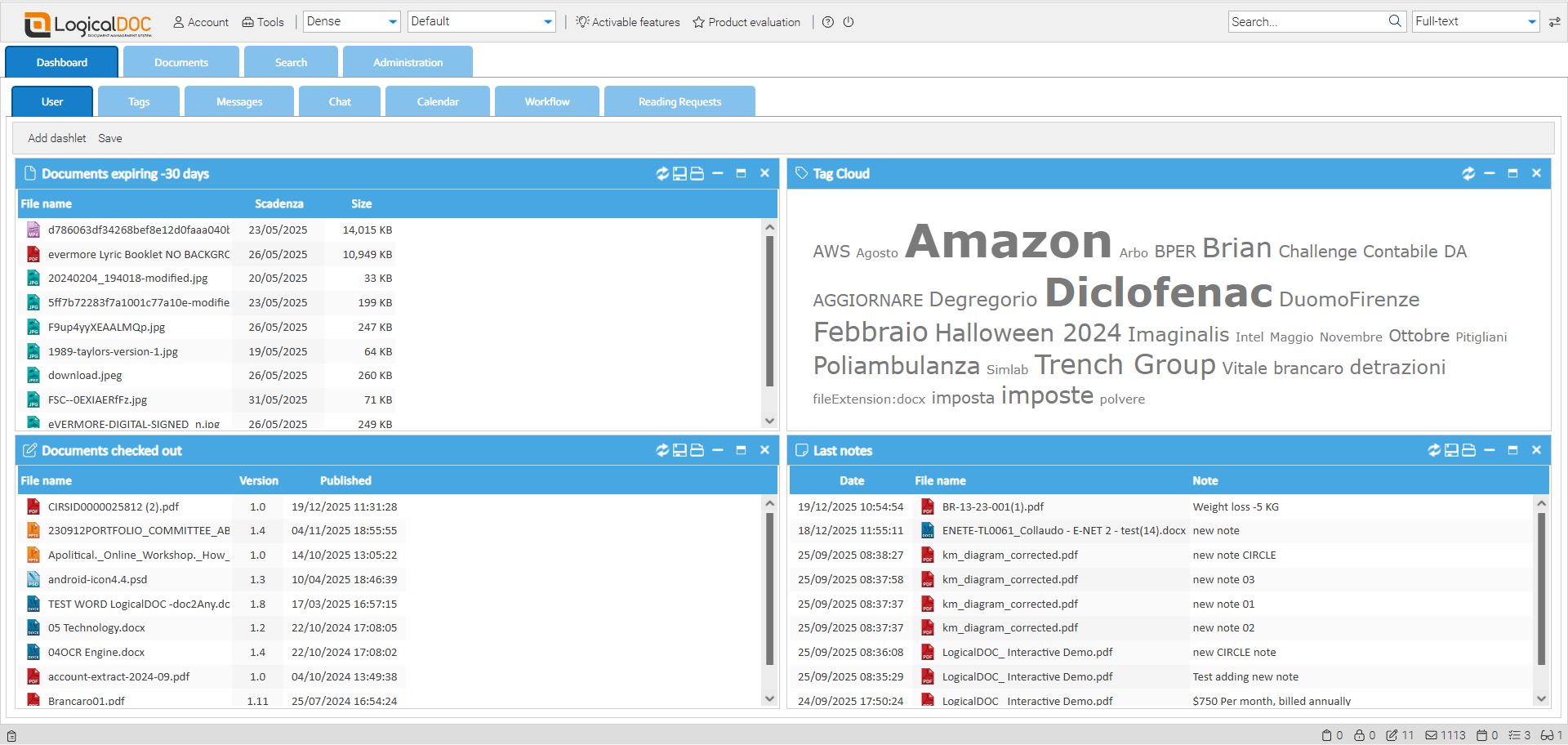 LogicalDOC Dashboard with Tag Cloud and Document Activity LogicalDOC dashboard showing tag cloud, checked‑out documents, and recent notes, illustrating metadata‑driven document organization