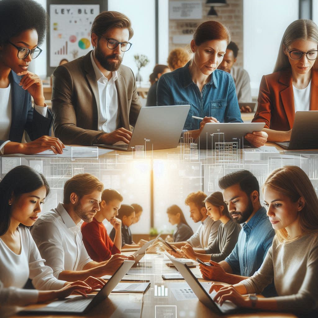 Real-Time Collaboration Split-screen with team members reviewing the same document on different devices